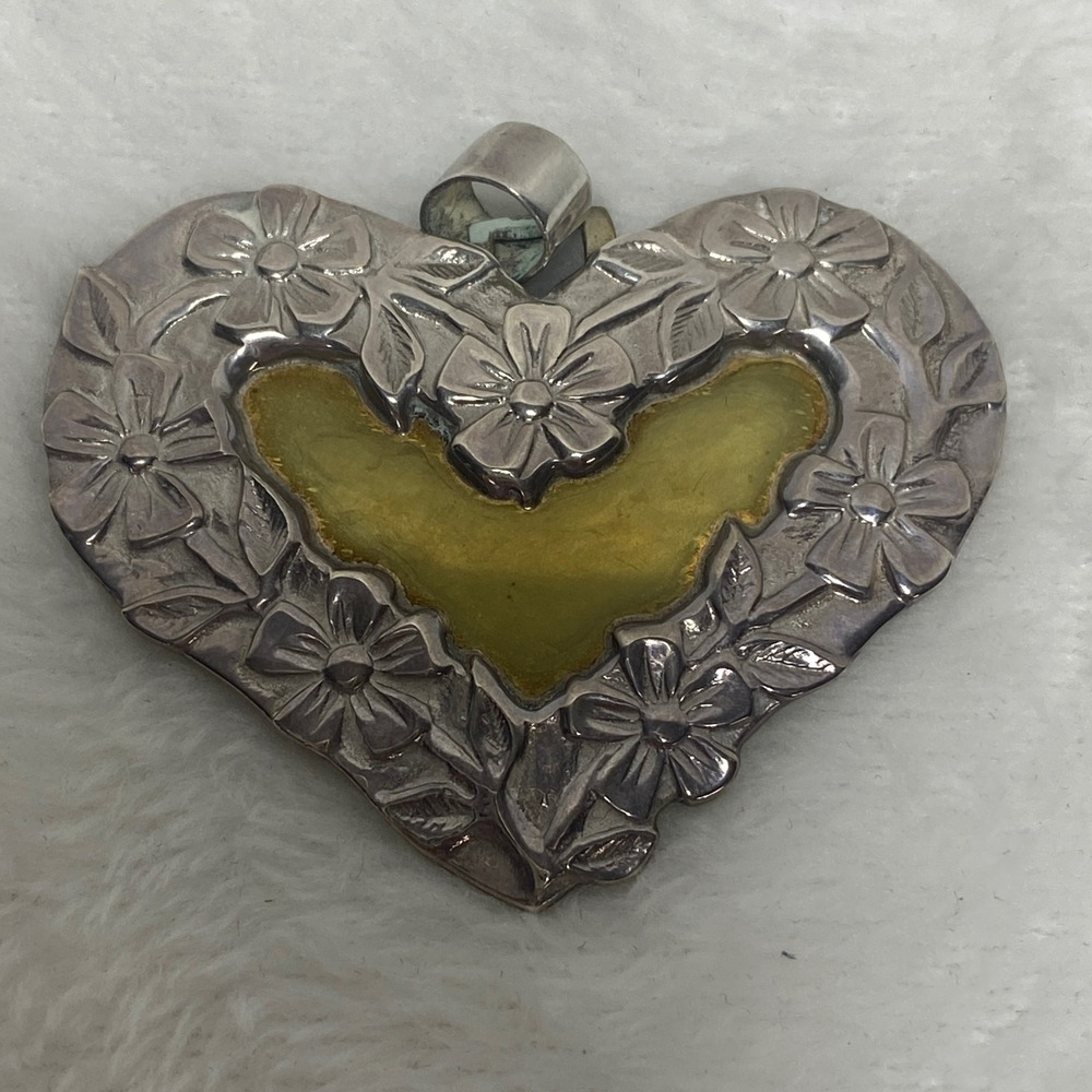 VTG Jeep Collins Sterling Silver Brass Flower Heart Pendant Floral‎